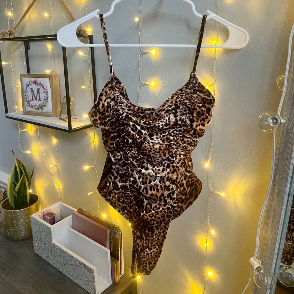 Forever 21 Velvet Ruched Leopard Cami Bodysuit